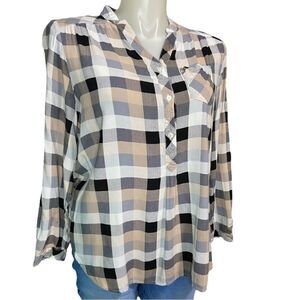 Avenue Collarless Button Down Checkered Long Sleeve Shirt 18/20